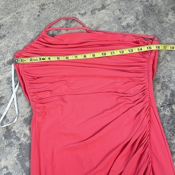 New Katie May Winnipeg One Shoulder Ruched Knit Gown Slit Coral Pink Sz M - Picture 9 of 12